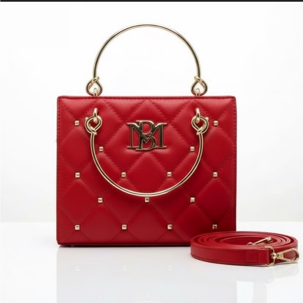 Badgley Mischka Red Purse or Crossbody Gold Hardware Square Quilt and Studs NEW - Picture 2 of 4